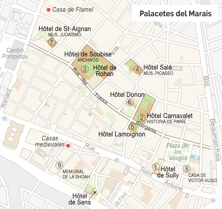 Mapa de los palacetes del Marais